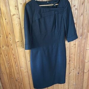 Fully lined fitted elegant wool business zip-back dress in dark grey